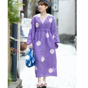 SOU SOU Yukata Linen Polka Dot Tie-Dye Kimono Sleeve Midi Dress Size Small